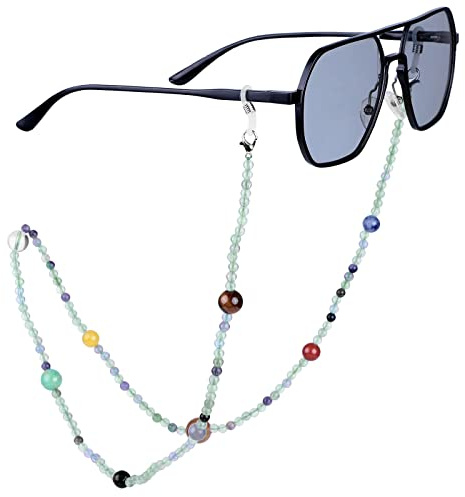 KYEYGWO Fluorite Kristall Perlen Brillenkette für Damen und Herren, Neun Planeten Brillenband Stein Brillenkordel Edelstein Kette Brillenschnur für Myopiebrille, Sonnenbrillen, Lesebrillen