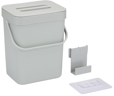 Muddy Hands 5 Litre Hanging Kitchen Bin with Lid & Handle, Wall Mounted Small Waste Bin, Over Door Cupboard Rubbish Bin, Space Saving Bathroom Food Waste Caddy, Fixings Included (5 Litre, Grey)