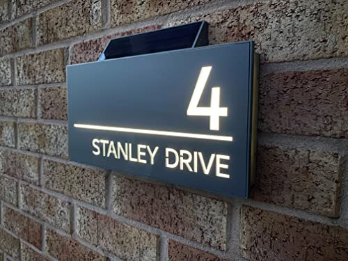 One of a Kind Design UK Personalised Contemporary Solar Light House Sign 305x155MM Personalised Address Number Plate Rectangular House Sign LED Illuminated UV Stable, Black