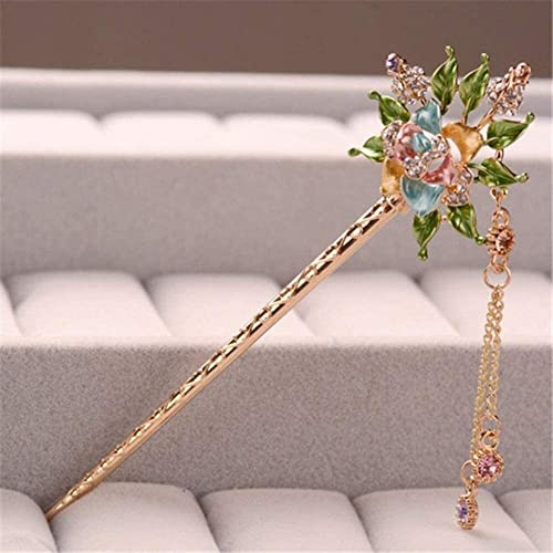 Fermagli for capelli a forcina, bacchette for capelli for donna, forcella, perno for bacchette cinesi antiche, 1 pezzo fatto a mano con smalto rosa fiori strass bastoncini for capelli in cristallo for