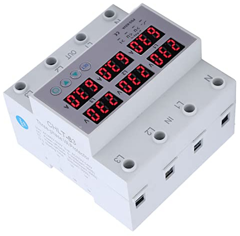 Amperometro Voltmetro su Guida DIN Trifase, Display Digitale Visualizzazione in Tempo Reale della Tensione e della Corrente di Lavoro, Spegnimento Automatico per Sovraccarico, (40A)