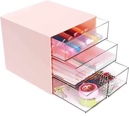 Umtiti Organiseur de bureau, boîte de rangement pour maquillage avec 4 tiroirs, en plastique, fournitures de bureau, organisateur de bureau pour le bureau, l'école, la maison et la salle de bain (Rose