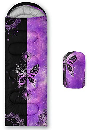 HOSIMA Sacos de dormir para niños y niñas, estampado de mariposas azules, ligeros, cálidos, portátiles, para exteriores, interiores, impermeables, resistentes al frío, para camping, senderismo