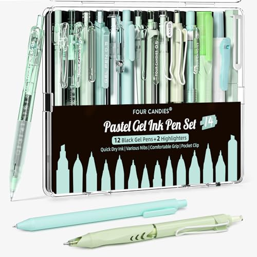 Four Candies 14st Gelstifte Set, Einziehbarer 0,5mm Feinstift (Grün) | Cute Stifte, Clean Look, Schwarze Geltinte, Grün Geltinte Tinte, 2 Textmarker für Büro Pastell Süße Schreibwaren