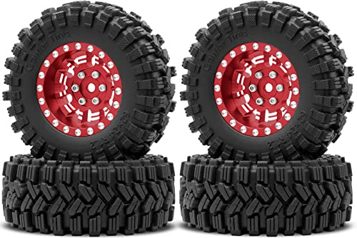 OGRC 1.0 Plus (1.2 Inches) Beadlock Wheel and Tires Set 7mm Negative Offset Wheel Rims SS Super Soft Sticky Tires for TRX4M SCX24 FCX24 AX24 1/24 1/18 RC Crawler Car - 62 * 24mm (Red)