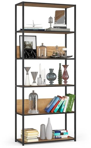AKORD Industrielles Regal 80 cm | | Loft Bücherregal | Moderner Schrank | Bücher Regal | 6 Einlegeböden | Funktional Stabil | B80 x H192 x T32 cm | Gewicht 27,00 kg | Schwarz/Craft Eiche