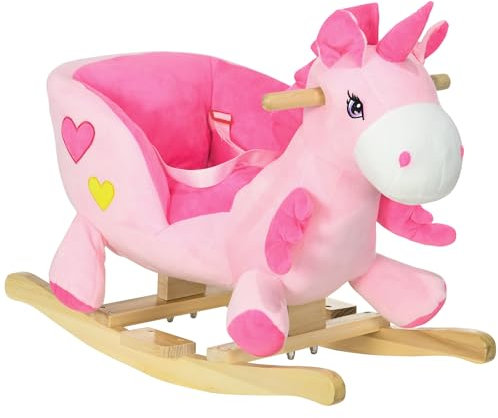 HOMCOM Schaukeltier Einhorn, Kinderschaukelstuhl mit Musik, Beckengurt, Fußstütze, Baby Schaukelstuhl aus Flanell für Kinder 1,5 bis 3 Jahre, Holz, Rosa