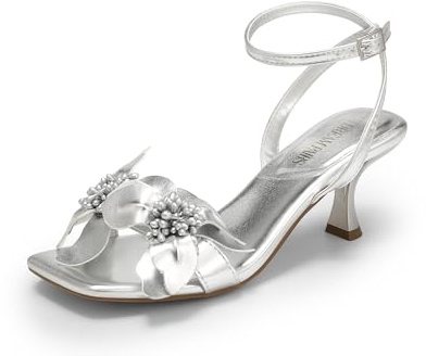 DREAM PAIRS Womens Low Kitten Heels Sandals,Silver-Pu,5