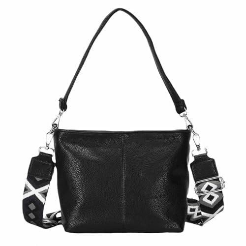 ITALYSHOP24 OBC Damen Tasche Shopper Brusttasche Hobo Bag Schultertasche Crossbody Umhängetasche Beuteltasche Handtasche Crossover BodyBag Leder Optik Schwarz