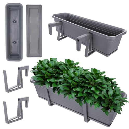 KADAX Fioriera con sottovaso in set, con o senza supporto per fioriera, vaso da balcone, in plastica, fioriera per ringhiere, vaso per fiori (antracite, 60 cm + supporti), K10027