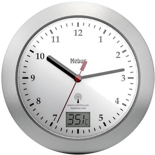 Mebus 41124 Funk Wanduhr 17 cm x 6 cm Silber Badezimmer-/Feuchtraum geeignet