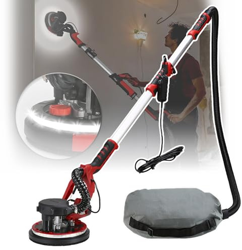QIeAny Levigatrice Girevole per Muri, Levigatrice per Cartongesso, Manico Telescopico E Aspirazione Polvere Integrata, Potenza: 1390W, Striscia LED 360°+Smerigliatrice Removibile,C