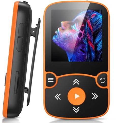 AGPTEK MP3 Player Bluetooth 5.3 Sport 64GB mit 1,5 Zoll TFT Farbbildschirm, Mini Musik Player mit Clip, Unterstützt bis 128GB TF Karte, mit unabhängiger Lautstärketaste, Orange
