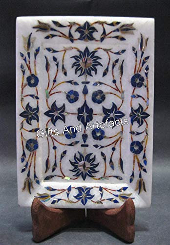 Lapis Lazuli Stone Tablemat with Inlay Work 6 x 4 Inches Rectangle Shape White Marble Serving Tray for Pizza House Decor