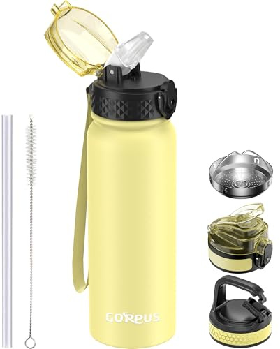 GOPPUS Bouteille d'eau en acier inoxydable de 600 ml avec paille à double paroi isotherme avec sangle - Réutilisable - Anti-fuite - Garde les boissons froides avec couvercle à rabat - Pour homme et