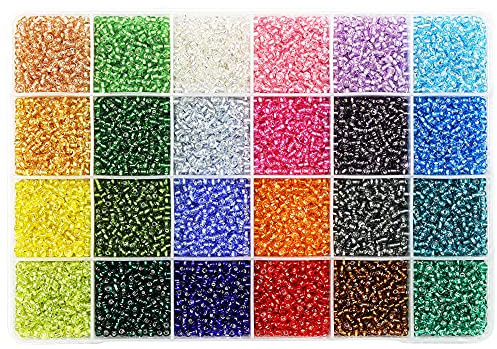 KERGAEN Storlek 3 mm silverfodrade glasfröpärlor cirka 6 800 st i förvaringslåda, 8/0 små hantverksfröpärlor för armband, örhängen, smyckestillverkning (280 st per färg, 24 färger)