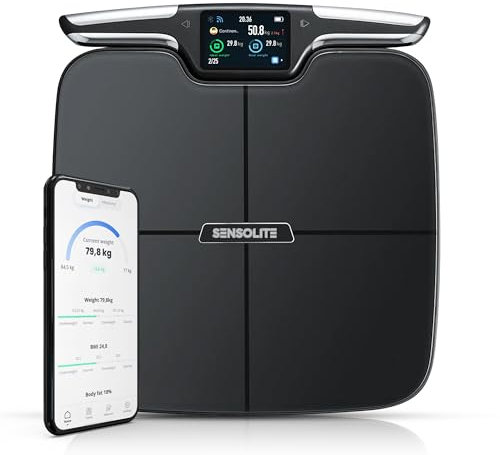 Sensolite Personenwaage mit Körperfettanalyse - Körperanalysewaage mit WiFi & Bluetooth - TFT LCD Smart Waage mit Körperfett & Muskelmasse, Pedometer, 800 mAh Akku - Körperfettwaage mit Handsensoren