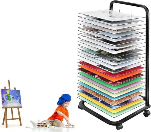FLTRGO Kunst Trockenständer, Flexible Regale Mobile Wagen Für Die Malerei Kunstwerk Drahtregale Aufbewahrung, Stapelbare Metallstahl -Kunstregal Schwarz -Kraft Für Klassenzimmer, Art Club