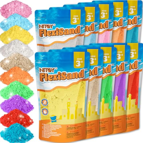NiToy Value Pack 18lbs of 10 Colored Moldable Self-Sticking Sand, Never Dries Out Fuera de 3 Años y hasta Niños Recarga a granel para juguetes de caja de arena sensorial, ideal para moldear, apretar y