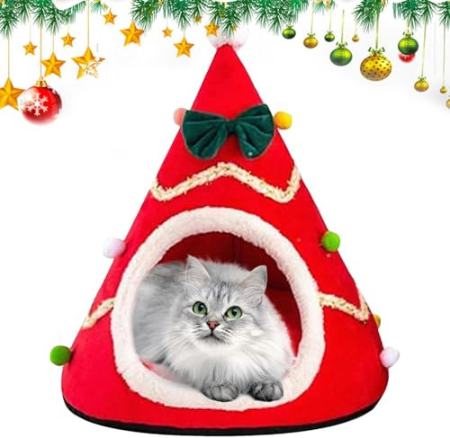 Katzenbett Hundebett Weihnachten | Weihnachtsbaum Katzenbetten | Waschbares halbgeschlossenes Weihnachts Katzenhöhlen Bettzelt | Plüsch Weihnachtsbäume Kätzchen Welpen Nesthaus für Home Deko