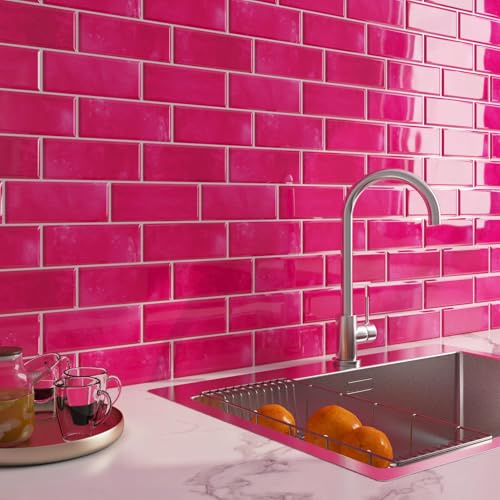 LaCheery Credence Adhesive pour Cuisine 3D Effet Brique Rose Foncé Credence Adhesive Vintage 30.5cm x 30.5cm Vinyle Carreaux Adhesif Cuisine Rose Stickers Carrelage Salle de Bain Étanche 4 Pièces