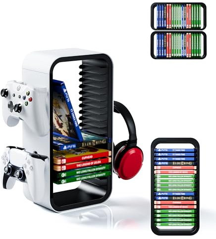 Tideal Universal Games Storage Tower Pro - for Up to 18 Games - with Controller Holder for up to 4 Gamepads - Gaming Accessories for PS5, PS4, PS3, Xbox X/S/One, Switch 1 + 2, Switch OLED, BluRay,