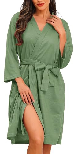 Lovasy Leichter Bademantel Waffelpique Damen 3/4 Ärmel Saunamantel Waffelstrick Morgenmantel Weich Knielang Loungewear mit Gürtel Taschen