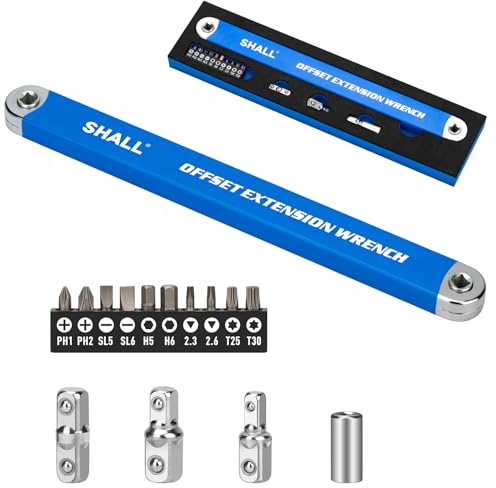 Shall Versetzter Verlängerungsschlüssel, 15,4 Zoll (39 cm), mit 1/2 Zoll, 1/4 Zoll und 3/8 Zoll Vierkantantriebsadaptern und 10 Universal-Bits