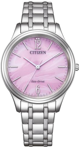 Citizen Damenuhr Edelstahl, Rosa, 34 mm, EM0411-71X | Analog Quartz, Kristallglas, 5 bar Wasserdicht, 180 Tage Gangreserve, Edelstahlband