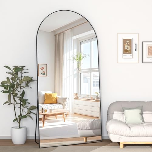 Elemango 180x80cm Arched Floor Full Length Mirror, Full Body Wall Mirror with Aluminum Frame, Arched-Top Full Dressing Mirrors Standing Hanging or Leaning for Bedroom Living Room, Black