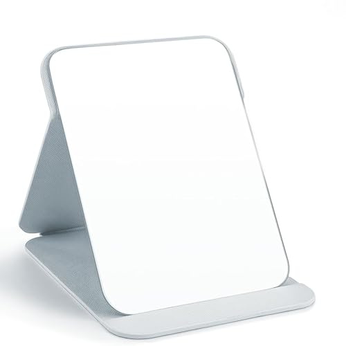 Shunshi Portable Folding Mirror, 20 * 15.5cm Rectangular Tabletop Mount Mirror, HD Glass, Adjustable Stand, White PU Leather Frame, Ideal for Office Desk, Vanity Table