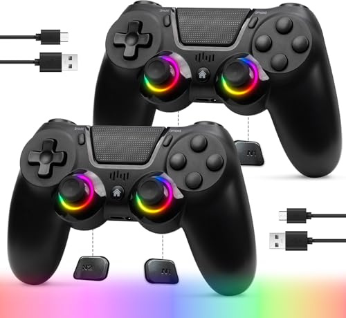 TJPD 2 Pack for PS4 Controller, Wireless Controller for PS4/Pro/Slim/PC, with 2 Rear Button and 2 USB-C Cable (Black)