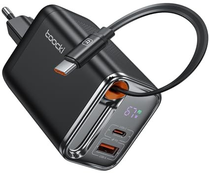 toocki USB C Ladegerät, 3Port GaN Mehrfach Ladegerät mit Schnell Einziehbares Ladekabel,67W USB C Netzteil mit LED Display für MacBook,iPhone 17 Pro Max,Galaxy S24 Ultra/S23,Switch,Laptop,Handys usw