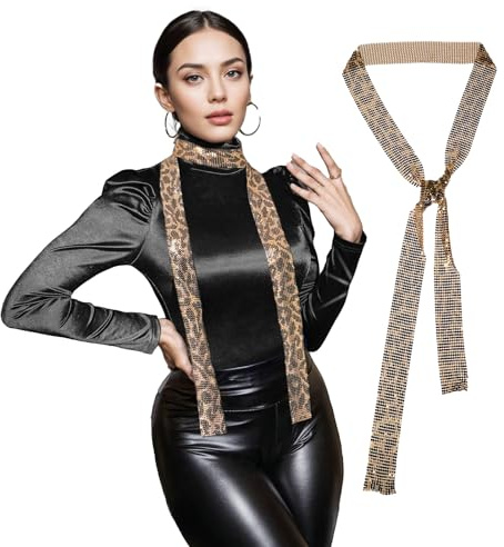 JK Home Foulard Paillette Métal Femme Echarpe Longue Etroite Cravate Brillante Couleur Uni Cosplay Carnaval Costume Mariage #A Leopard Gold