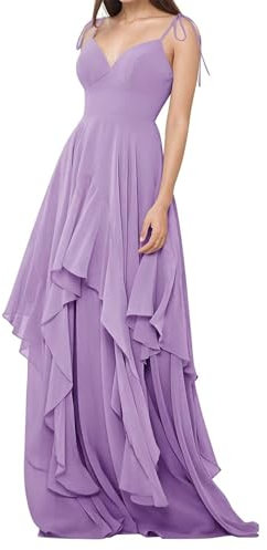 Vestidos de dama de honor de gasa para boda, tirantes delgados, vestido largo de noche formal, Color lila., 46