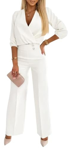shownicer Damen Hosenanzug Festlich Hochzeit Elegant Zweiteiler Outfit 2 Teilig Set Cocktail Party Shirt Und Hohe Taille A Weiß M