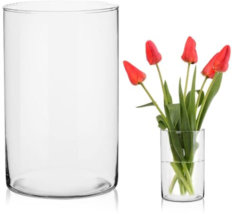 Tutamaz Modern Blumenvase Glas,vase breite öffnung, 25 cm Tulpenvase Vase Groß Deko-vase Glasvase Rund Glaszylinder mit Boden für Blumenstrauß Hochzeit Tischdeko Muttertagsgeschenk