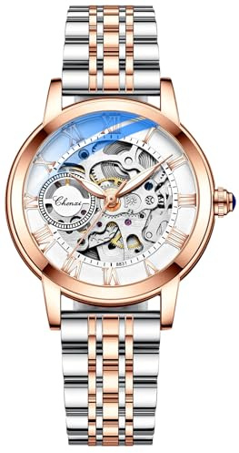 MASTOP Famale Damen Armbanduhr Saphir Automatik Steampunk Armband Gold Skelett Leder Skelett Damenuhr