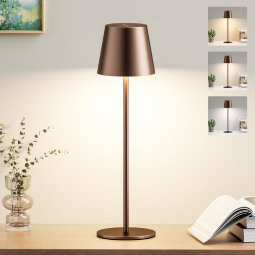 PreeOtti Tischlampe Kabellos, Akku LED Tischleuchte Touch mit 3 Farbtemperatur, Stufenlos Dimmbar, Touch Lampe mit USB-C Aufladbar für Outdoor Nachttisch Esstisch Camping(Braun)