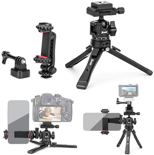 Zeadio Kit Trépied Métal Renforcé avec Rotule Arca - Kit Vlog Universel pour téléphone, Support Téléphone & Trépied de Voyage pour iPhone/Android, Appareil Photo, Gimbal, Caméra d'action, etc