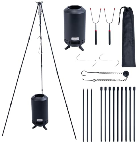 CHANGEMOORE Schwenkgrill Dreibein Holzkohlegrill höhenverstellbar, Camping | Einfach & robust, komplettes Set – ideal für Camping und Garten. Höhenverstellbarer Schwenkarm für Holzkohle