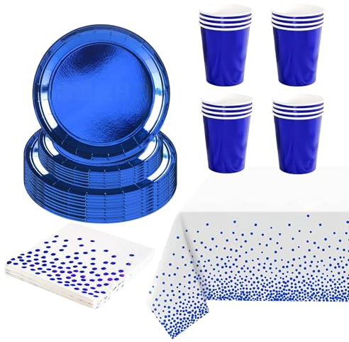 69Pcs Blue Foil Tableware for Her Him,Royal Blue Party Plates Paper Cups and Napkins for Birthday Decoration,Sparkling BlueTablecloth for Christmas Wedding Dinnerware,Baby Shower Party Tableware