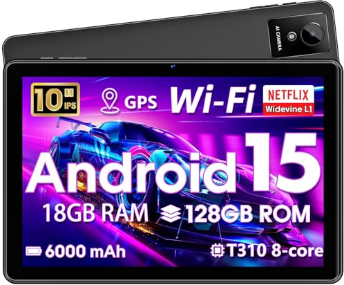 10 Inch Tablet, Android Tablet 10 Inch, Android 15 Tablet with 18GB RAM 128GB ROM, 1TB Expandable, Widevine L1, Octa-Core Processor, WiFi 5, 6000mAh Battery, T30 CPU, Dual Camera (5MP+8MP), Black