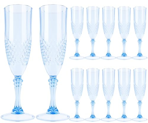 QINGLANG 12Pcs Plastic Champagne Flutes Flat Bottom Wine Glasses Reusable Wedding Anniversary Birthday Hen Party Prosecco Glass Wine Cocktail Drinking Glasses Gift(Blue)