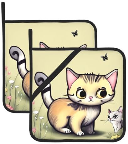 AKGFFDS Presine quadrate resistenti al calore con stampa di gatti e farfalle (set di due) 20,3 x 20,3 cm: tessuti di qualità, antiscottatura e facili da pulire