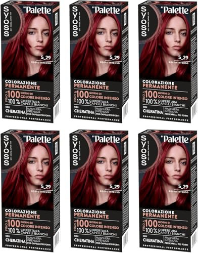 Syoss by Palette Colorazione Permanente 5-29 Rosso Intenso, Colorazione capelli permanente con Cheratina, Tinta rossa per copertura dei capelli bianchi, fino a 100 giorni, confezione da 6
