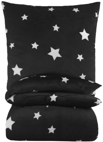BaSaTex Winter Plüsch Bettwäsche Set, 135x200 cm, Sterne Schwarz | Warm und Kuschelig, Öko_Tex Zertifiziert, Reißverschluss, Flauschig Anschmiegsam, Feuchtigkeitsregulierend