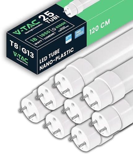 V-TAC 25 Tubi LED 120 CM con attacco G13-18W - 1850 Lumen - [ 25 PEZZI ] - Chip Samsung - Tubi LED per Soffitto, Parete, Garage, Negozio - Tubo forma T8 - Sostituzione Neon - Luce Fredda 6500K