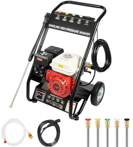 awolsrgiop Rondella ad alta pressione a benzina 7,5 CV, idropulitrice a 4 tempi, a benzina, pulitrice da giardino con 5 ugelli e tubo da 8 m, per la pulizia, terrazza, auto, giardino, cortile