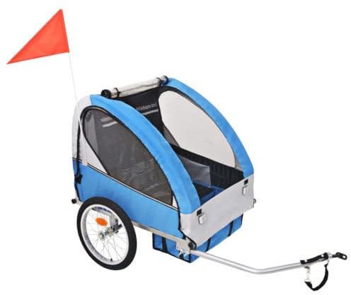 QUAHEAS Rimorchio per bicicletta per bambini, grigio e blu, con portata di 30 kg, passeggino a due posti con cintura di sicurezza a 5 punti, pieghevole con parapioggia, catarifrangenti e attacco